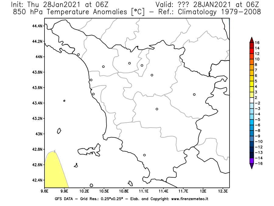 Mappa di analisi GFS - Anomalia Temperatura [°C] a 850 hPa in Toscana
									del 28/01/2021 06 <!--googleoff: index-->UTC<!--googleon: index-->