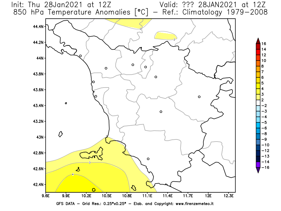 Mappa di analisi GFS - Anomalia Temperatura [°C] a 850 hPa in Toscana
									del 28/01/2021 12 <!--googleoff: index-->UTC<!--googleon: index-->