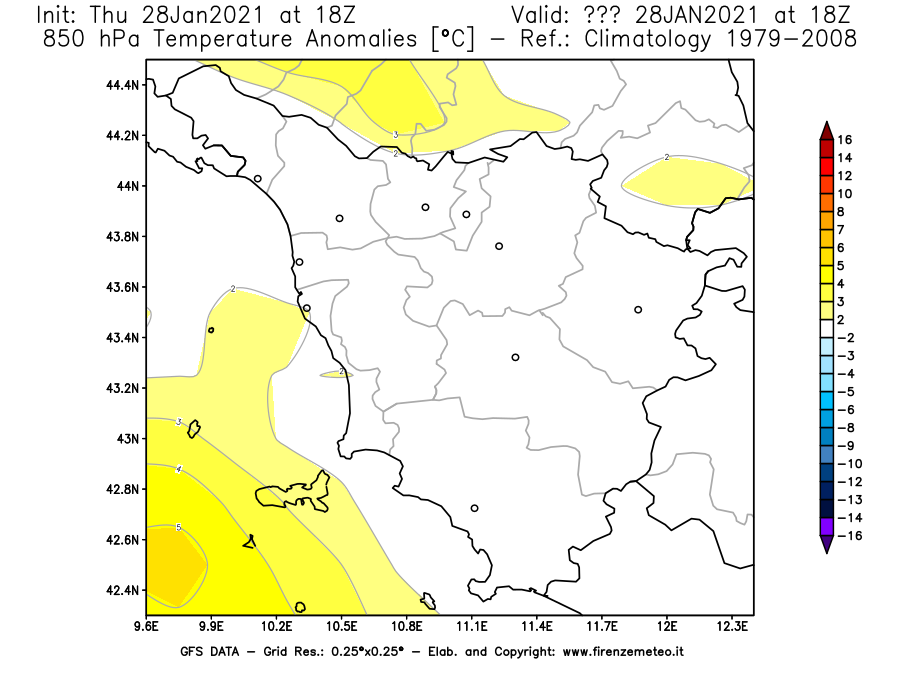 Mappa di analisi GFS - Anomalia Temperatura [°C] a 850 hPa in Toscana
									del 28/01/2021 18 <!--googleoff: index-->UTC<!--googleon: index-->