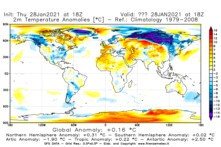 Mappa di analisi GFS - Anomalia Temperatura [°C] a 2 m in World
									del 28/01/2021 18 <!--googleoff: index-->UTC<!--googleon: index-->