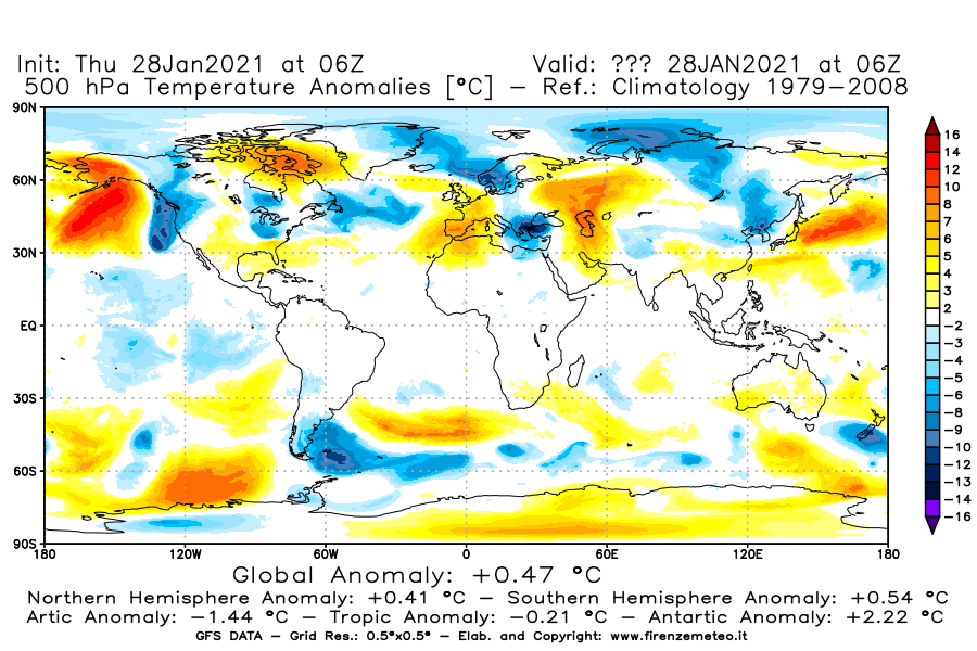 Mappa di analisi GFS - Anomalia Temperatura [°C] a 500 hPa in World
									del 28/01/2021 06 <!--googleoff: index-->UTC<!--googleon: index-->