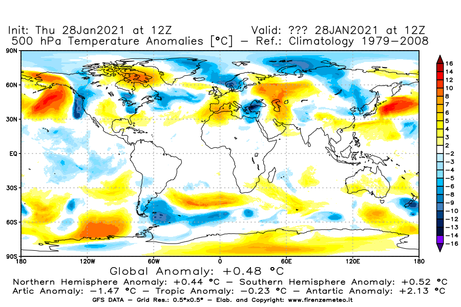 Mappa di analisi GFS - Anomalia Temperatura [°C] a 500 hPa in World
									del 28/01/2021 12 <!--googleoff: index-->UTC<!--googleon: index-->