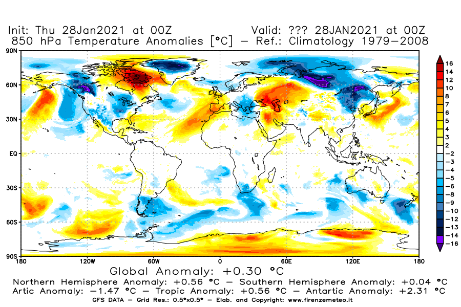 Mappa di analisi GFS - Anomalia Temperatura [°C] a 850 hPa in World
									del 28/01/2021 00 <!--googleoff: index-->UTC<!--googleon: index-->