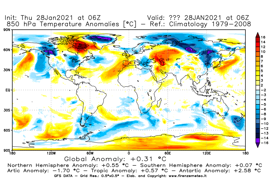 Mappa di analisi GFS - Anomalia Temperatura [°C] a 850 hPa in World
									del 28/01/2021 06 <!--googleoff: index-->UTC<!--googleon: index-->