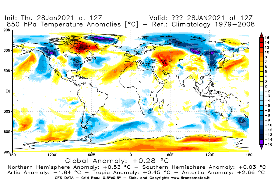 Mappa di analisi GFS - Anomalia Temperatura [°C] a 850 hPa in World
									del 28/01/2021 12 <!--googleoff: index-->UTC<!--googleon: index-->