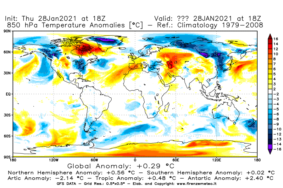 Mappa di analisi GFS - Anomalia Temperatura [°C] a 850 hPa in World
									del 28/01/2021 18 <!--googleoff: index-->UTC<!--googleon: index-->