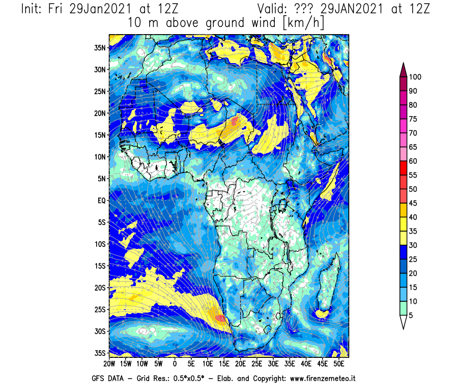 Mappa di analisi GFS - Velocità del vento a 10 metri dal suolo [km/h] in Africa
									del 29/01/2021 12 <!--googleoff: index-->UTC<!--googleon: index-->