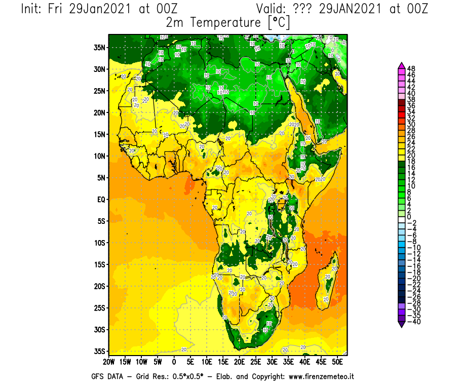 Mappa di analisi GFS - Temperatura a 2 metri dal suolo [°C] in Africa
									del 29/01/2021 00 <!--googleoff: index-->UTC<!--googleon: index-->