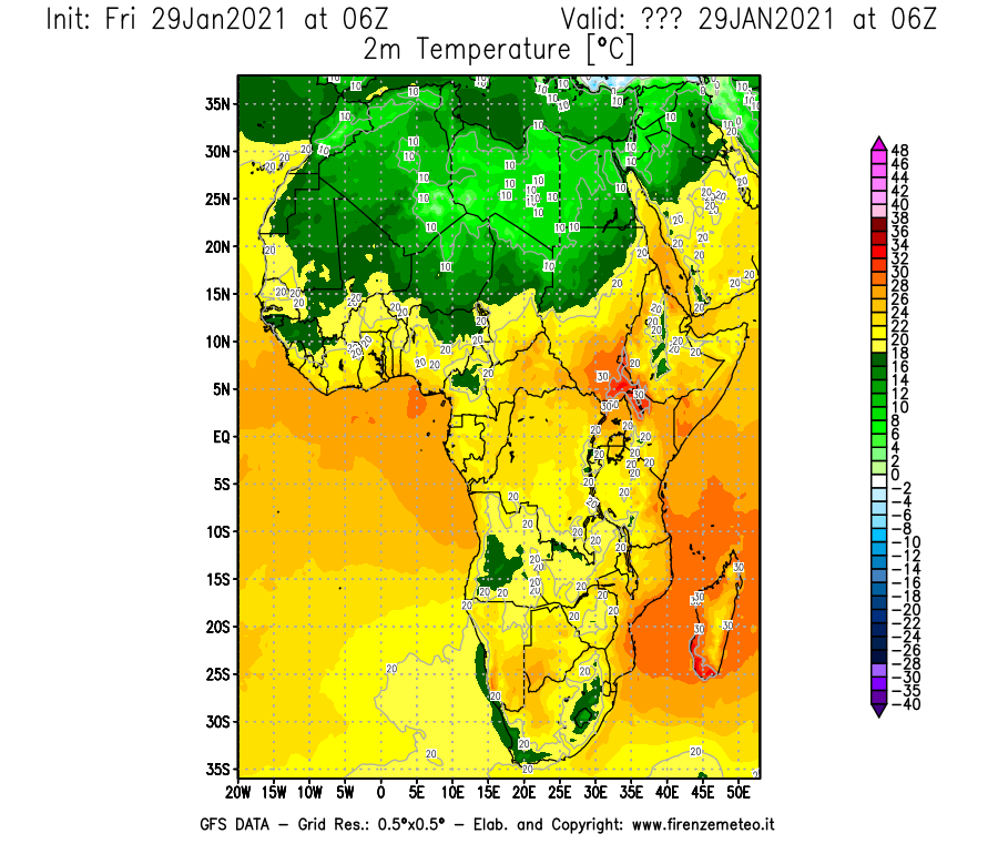 Mappa di analisi GFS - Temperatura a 2 metri dal suolo [°C] in Africa
									del 29/01/2021 06 <!--googleoff: index-->UTC<!--googleon: index-->