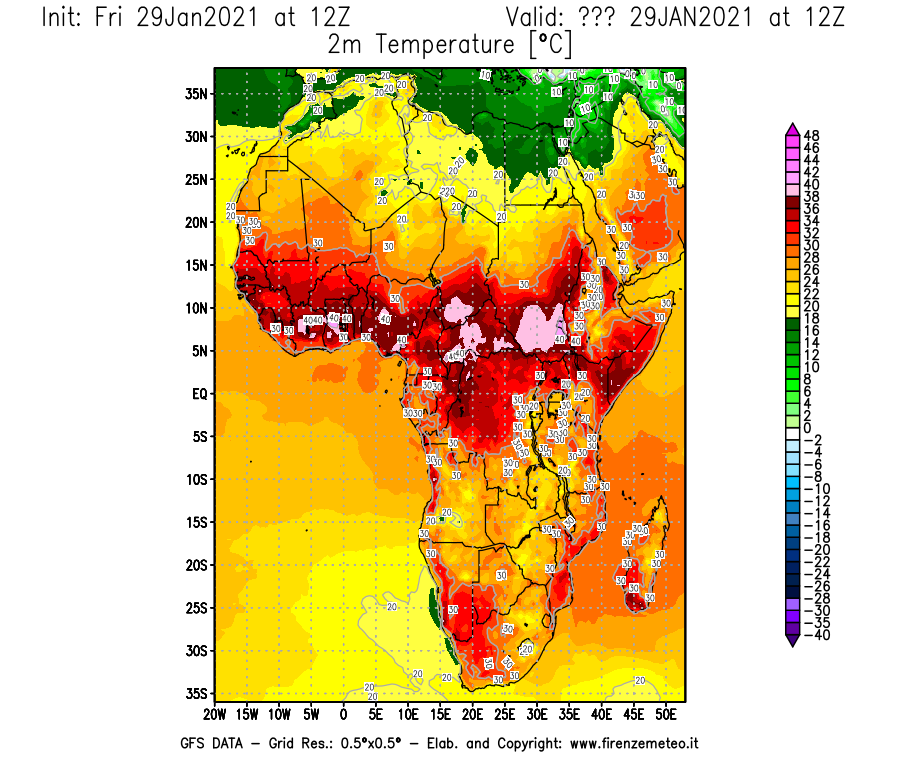Mappa di analisi GFS - Temperatura a 2 metri dal suolo [°C] in Africa
									del 29/01/2021 12 <!--googleoff: index-->UTC<!--googleon: index-->
