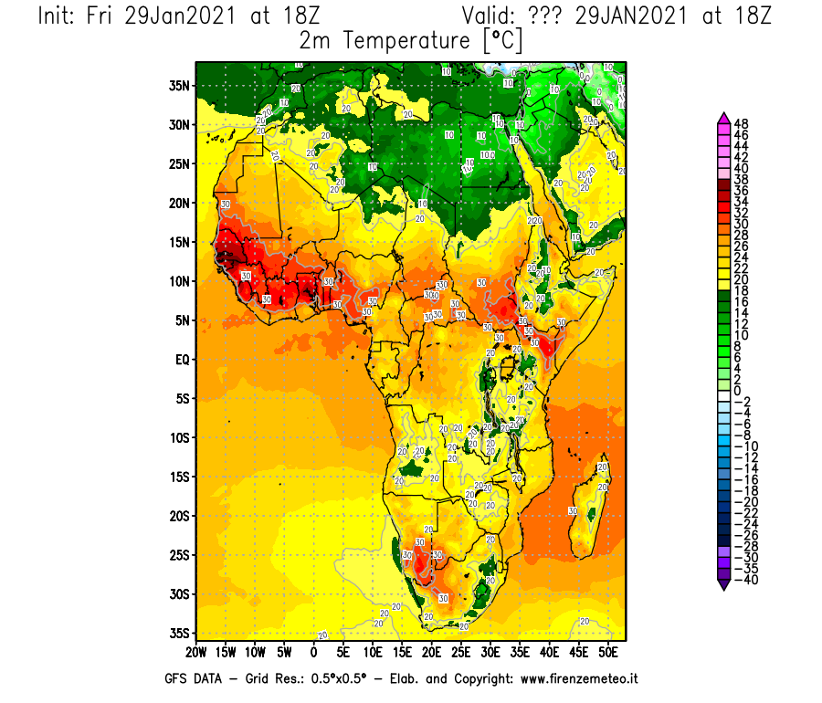 Mappa di analisi GFS - Temperatura a 2 metri dal suolo [°C] in Africa
							del 29/01/2021 18 <!--googleoff: index-->UTC<!--googleon: index-->
