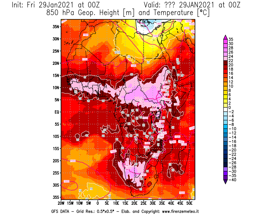 Mappa di analisi GFS - Geopotenziale [m] e Temperatura [°C] a 850 hPa in Africa
									del 29/01/2021 00 <!--googleoff: index-->UTC<!--googleon: index-->