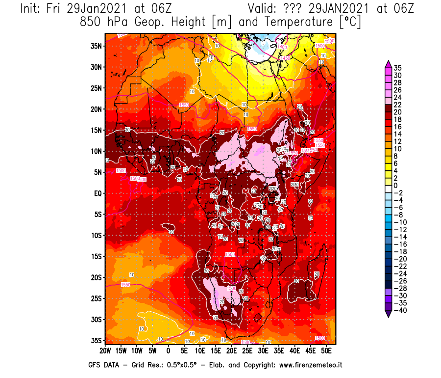 Mappa di analisi GFS - Geopotenziale [m] e Temperatura [°C] a 850 hPa in Africa
							del 29/01/2021 06 <!--googleoff: index-->UTC<!--googleon: index-->