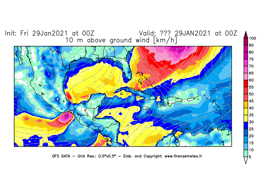 Mappa di analisi GFS - Velocità del vento a 10 metri dal suolo [km/h] in Centro-America
									del 29/01/2021 00 <!--googleoff: index-->UTC<!--googleon: index-->