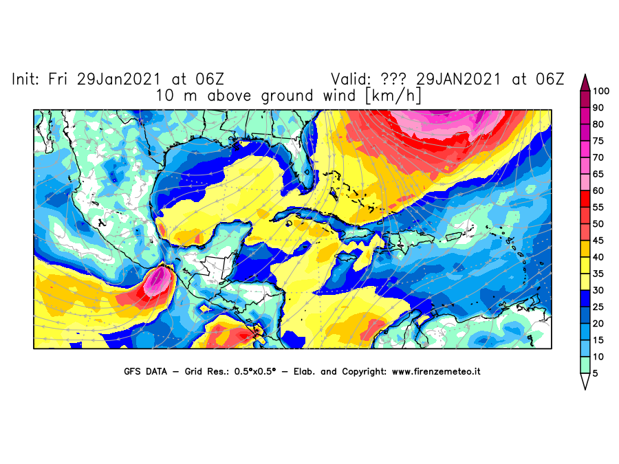 Mappa di analisi GFS - Velocità del vento a 10 metri dal suolo [km/h] in Centro-America
									del 29/01/2021 06 <!--googleoff: index-->UTC<!--googleon: index-->