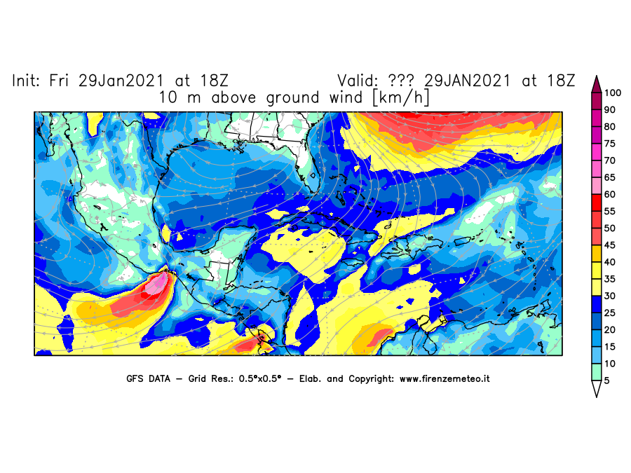 Mappa di analisi GFS - Velocità del vento a 10 metri dal suolo [km/h] in Centro-America
									del 29/01/2021 18 <!--googleoff: index-->UTC<!--googleon: index-->