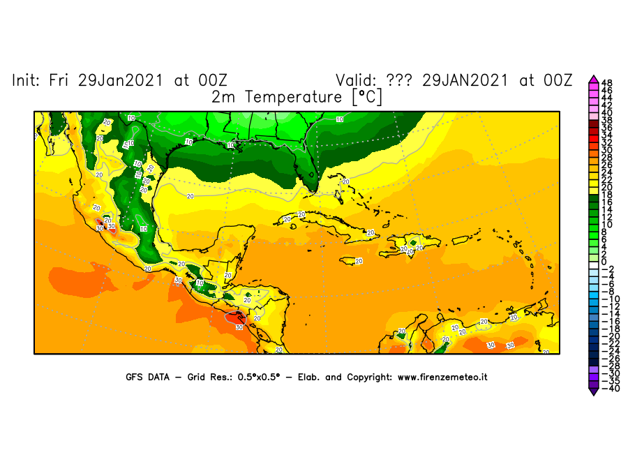 Mappa di analisi GFS - Temperatura a 2 metri dal suolo [°C] in Centro-America
									del 29/01/2021 00 <!--googleoff: index-->UTC<!--googleon: index-->