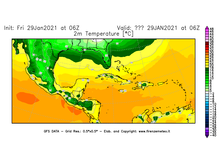 Mappa di analisi GFS - Temperatura a 2 metri dal suolo [°C] in Centro-America
									del 29/01/2021 06 <!--googleoff: index-->UTC<!--googleon: index-->