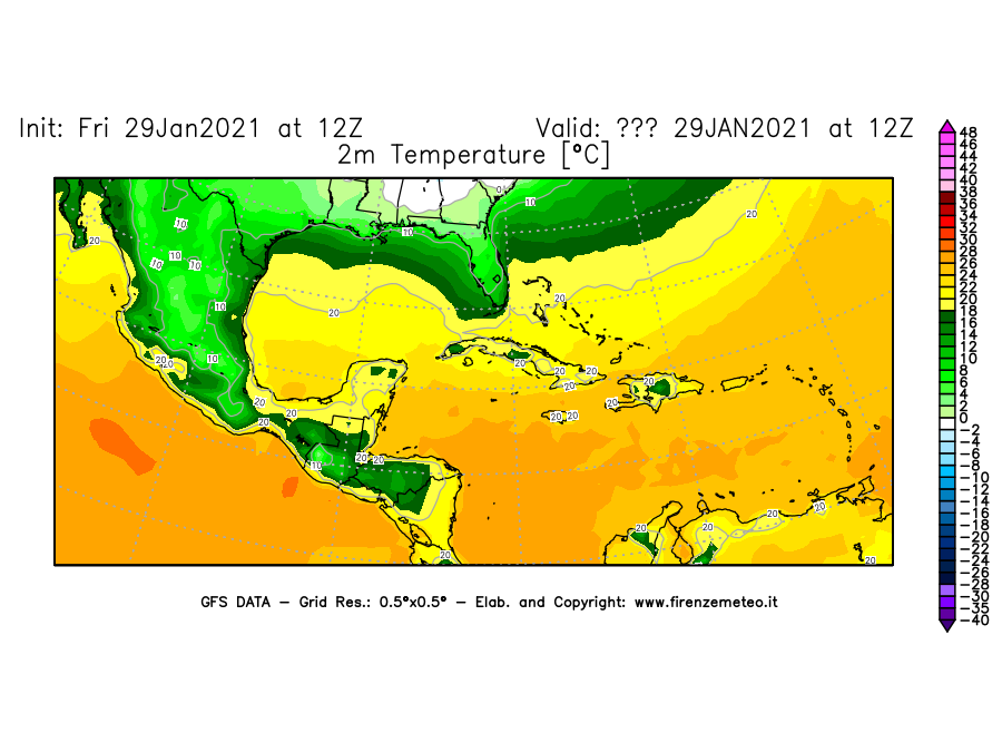 Mappa di analisi GFS - Temperatura a 2 metri dal suolo [°C] in Centro-America
							del 29/01/2021 12 <!--googleoff: index-->UTC<!--googleon: index-->