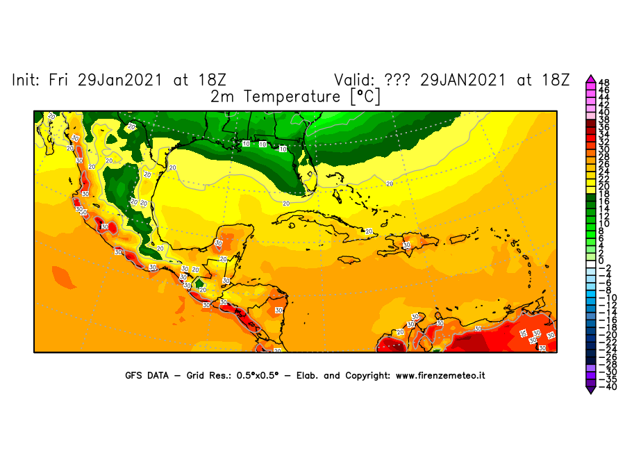 Mappa di analisi GFS - Temperatura a 2 metri dal suolo [°C] in Centro-America
									del 29/01/2021 18 <!--googleoff: index-->UTC<!--googleon: index-->