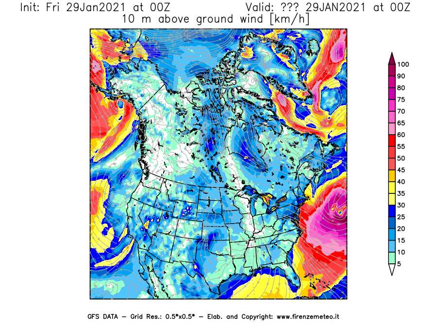 Mappa di analisi GFS - Velocità del vento a 10 metri dal suolo [km/h] in Nord-America
									del 29/01/2021 00 <!--googleoff: index-->UTC<!--googleon: index-->
