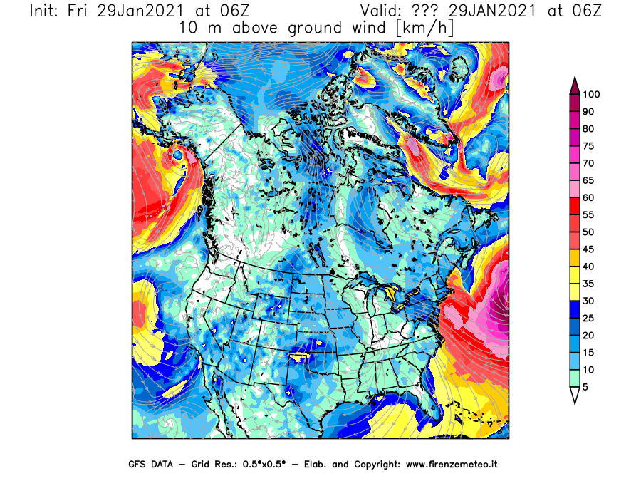 Mappa di analisi GFS - Velocità del vento a 10 metri dal suolo [km/h] in Nord-America
									del 29/01/2021 06 <!--googleoff: index-->UTC<!--googleon: index-->