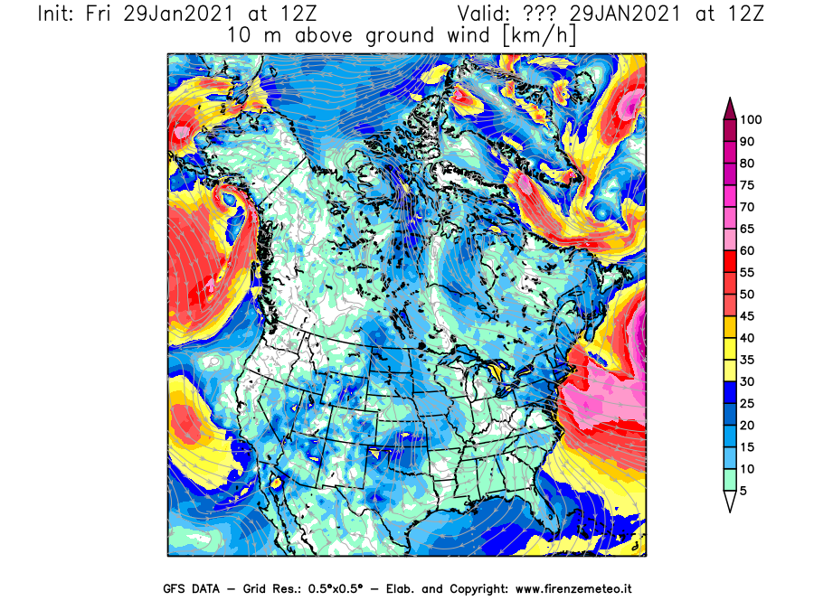 Mappa di analisi GFS - Velocità del vento a 10 metri dal suolo [km/h] in Nord-America
									del 29/01/2021 12 <!--googleoff: index-->UTC<!--googleon: index-->