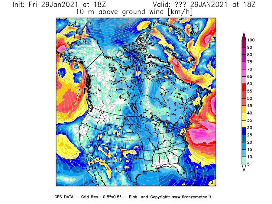 Mappa di analisi GFS - Velocità del vento a 10 metri dal suolo [km/h] in Nord-America
									del 29/01/2021 18 <!--googleoff: index-->UTC<!--googleon: index-->