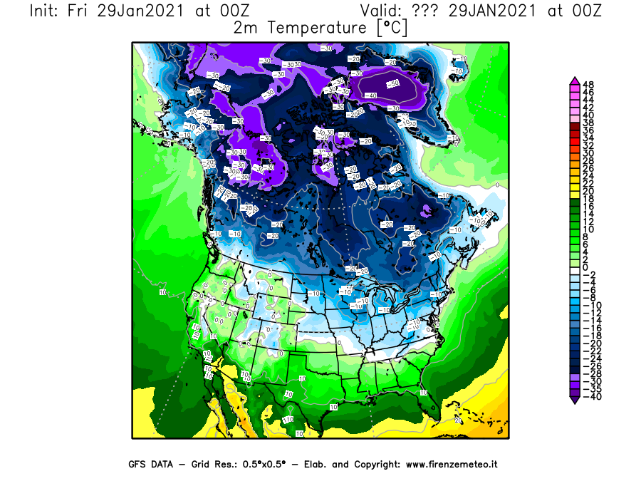 Mappa di analisi GFS - Temperatura a 2 metri dal suolo [°C] in Nord-America
									del 29/01/2021 00 <!--googleoff: index-->UTC<!--googleon: index-->