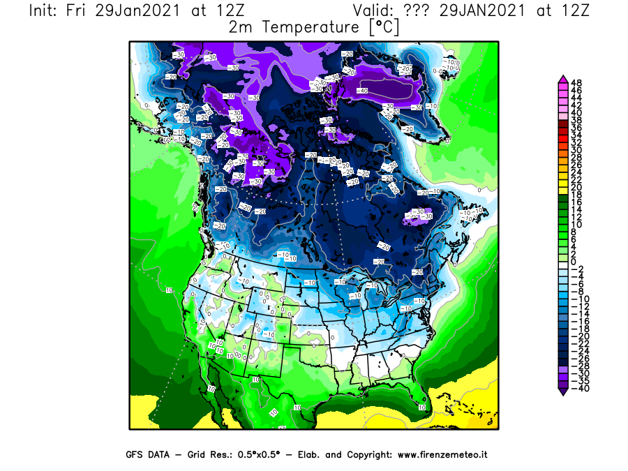 Mappa di analisi GFS - Temperatura a 2 metri dal suolo [°C] in Nord-America
									del 29/01/2021 12 <!--googleoff: index-->UTC<!--googleon: index-->