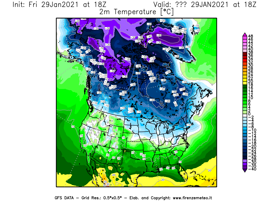 Mappa di analisi GFS - Temperatura a 2 metri dal suolo [°C] in Nord-America
									del 29/01/2021 18 <!--googleoff: index-->UTC<!--googleon: index-->