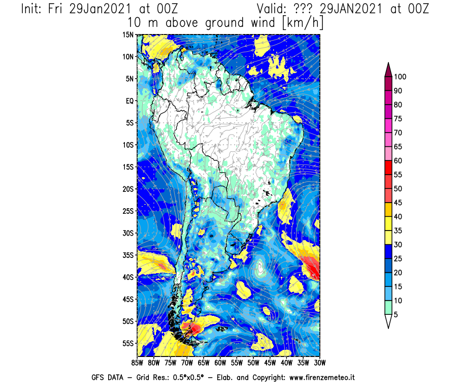 Mappa di analisi GFS - Velocità del vento a 10 metri dal suolo [km/h] in Sud-America
									del 29/01/2021 00 <!--googleoff: index-->UTC<!--googleon: index-->