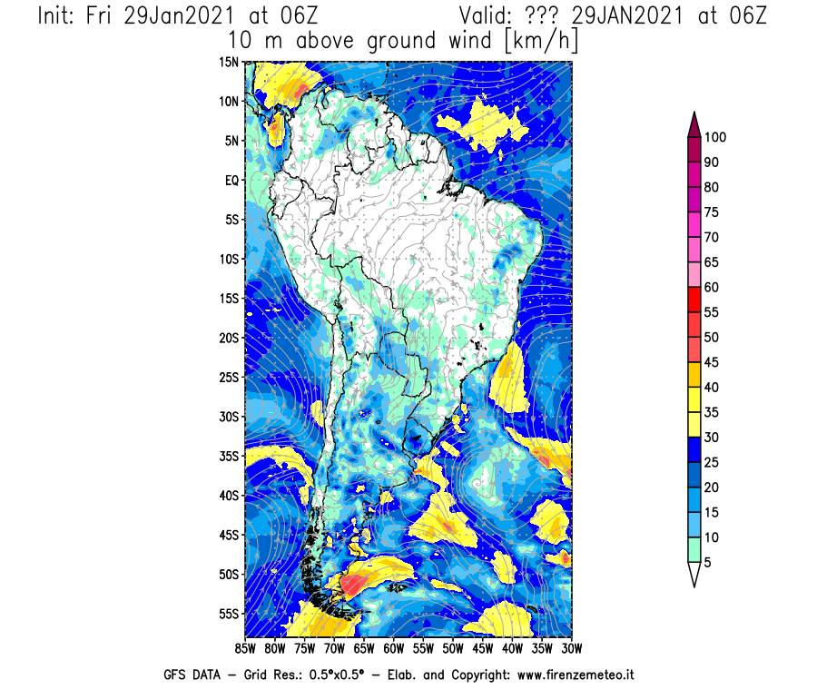 Mappa di analisi GFS - Velocità del vento a 10 metri dal suolo [km/h] in Sud-America
							del 29/01/2021 06 <!--googleoff: index-->UTC<!--googleon: index-->