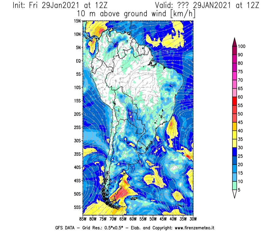 Mappa di analisi GFS - Velocità del vento a 10 metri dal suolo [km/h] in Sud-America
									del 29/01/2021 12 <!--googleoff: index-->UTC<!--googleon: index-->