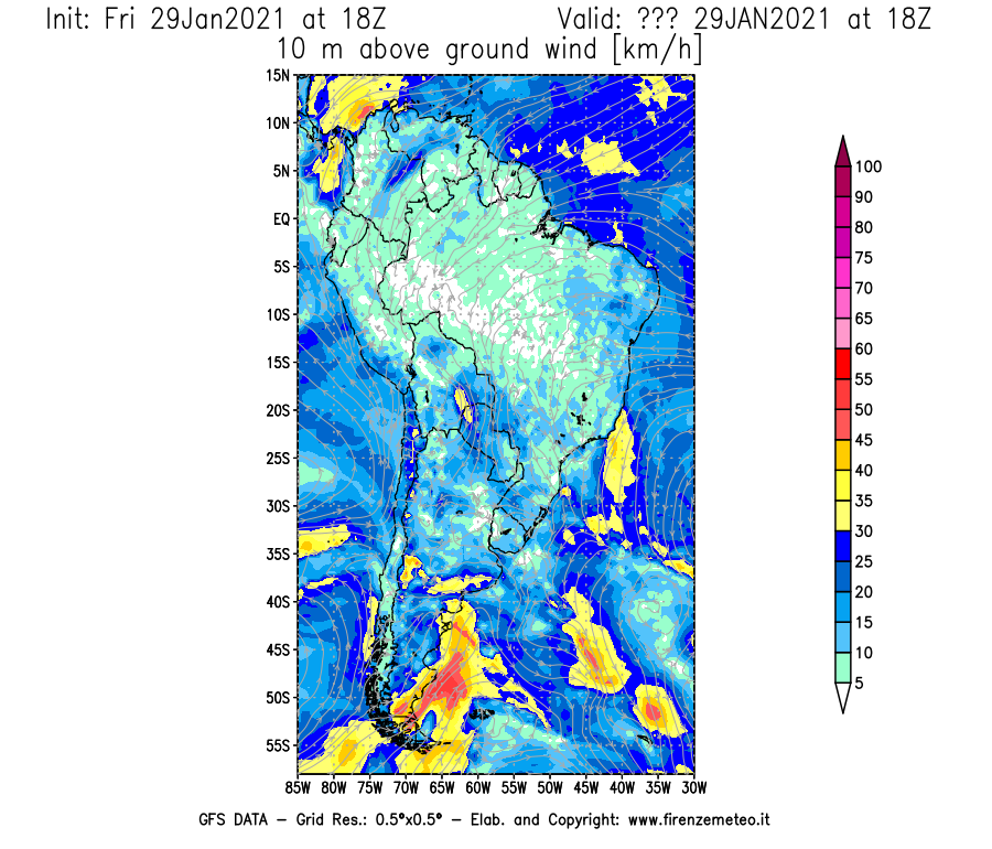 Mappa di analisi GFS - Velocità del vento a 10 metri dal suolo [km/h] in Sud-America
							del 29/01/2021 18 <!--googleoff: index-->UTC<!--googleon: index-->