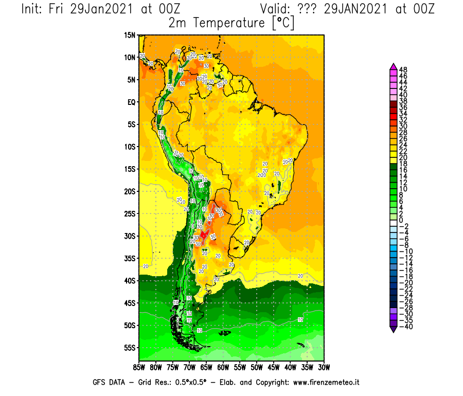 Mappa di analisi GFS - Temperatura a 2 metri dal suolo [°C] in Sud-America
							del 29/01/2021 00 <!--googleoff: index-->UTC<!--googleon: index-->