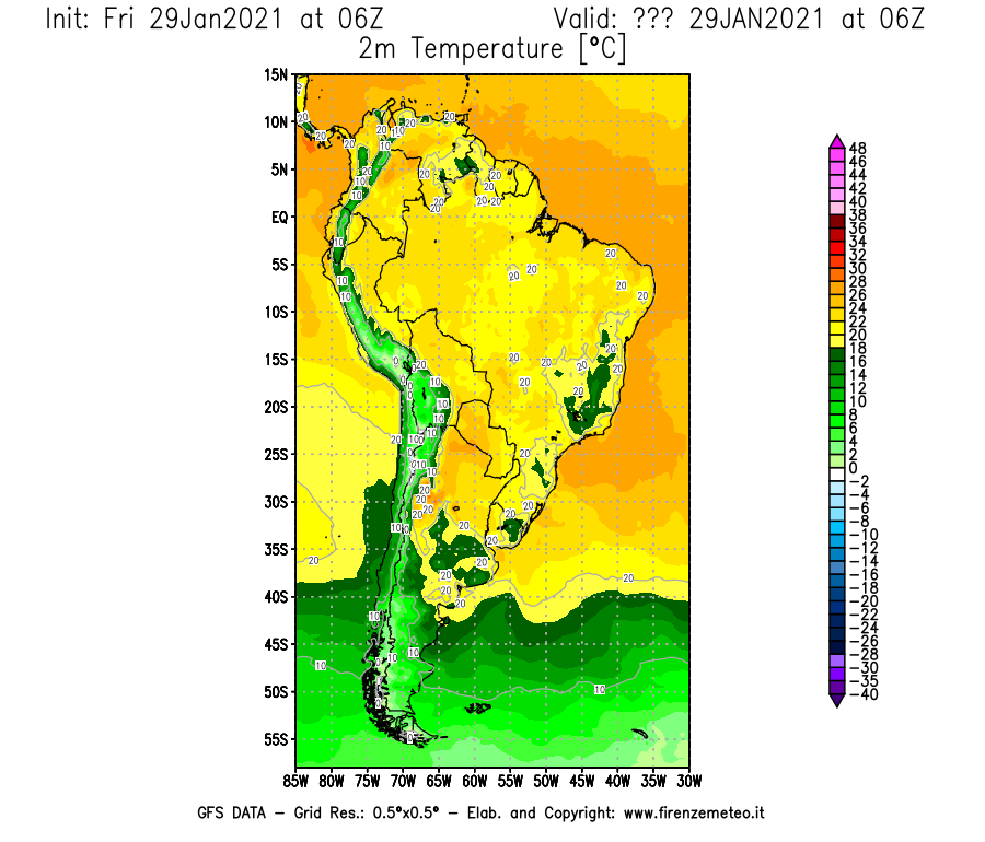 Mappa di analisi GFS - Temperatura a 2 metri dal suolo [°C] in Sud-America
							del 29/01/2021 06 <!--googleoff: index-->UTC<!--googleon: index-->