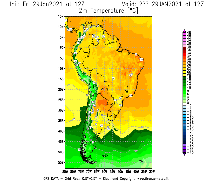 Mappa di analisi GFS - Temperatura a 2 metri dal suolo [°C] in Sud-America
									del 29/01/2021 12 <!--googleoff: index-->UTC<!--googleon: index-->