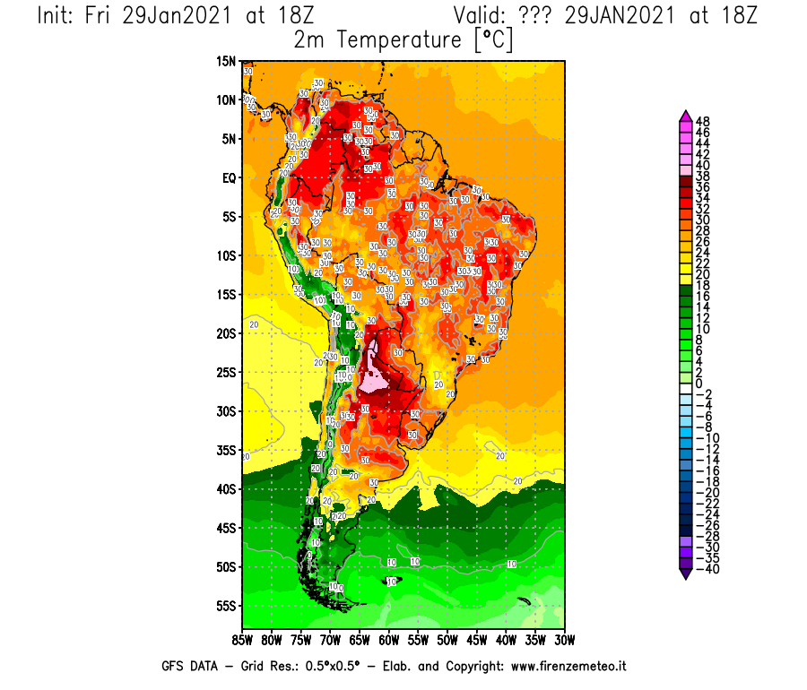 Mappa di analisi GFS - Temperatura a 2 metri dal suolo [°C] in Sud-America
									del 29/01/2021 18 <!--googleoff: index-->UTC<!--googleon: index-->