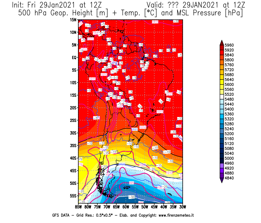 Mappa di analisi GFS - Geopotenziale [m] + Temp. [°C] a 500 hPa + Press. a livello del mare [hPa] in Sud-America
									del 29/01/2021 12 <!--googleoff: index-->UTC<!--googleon: index-->