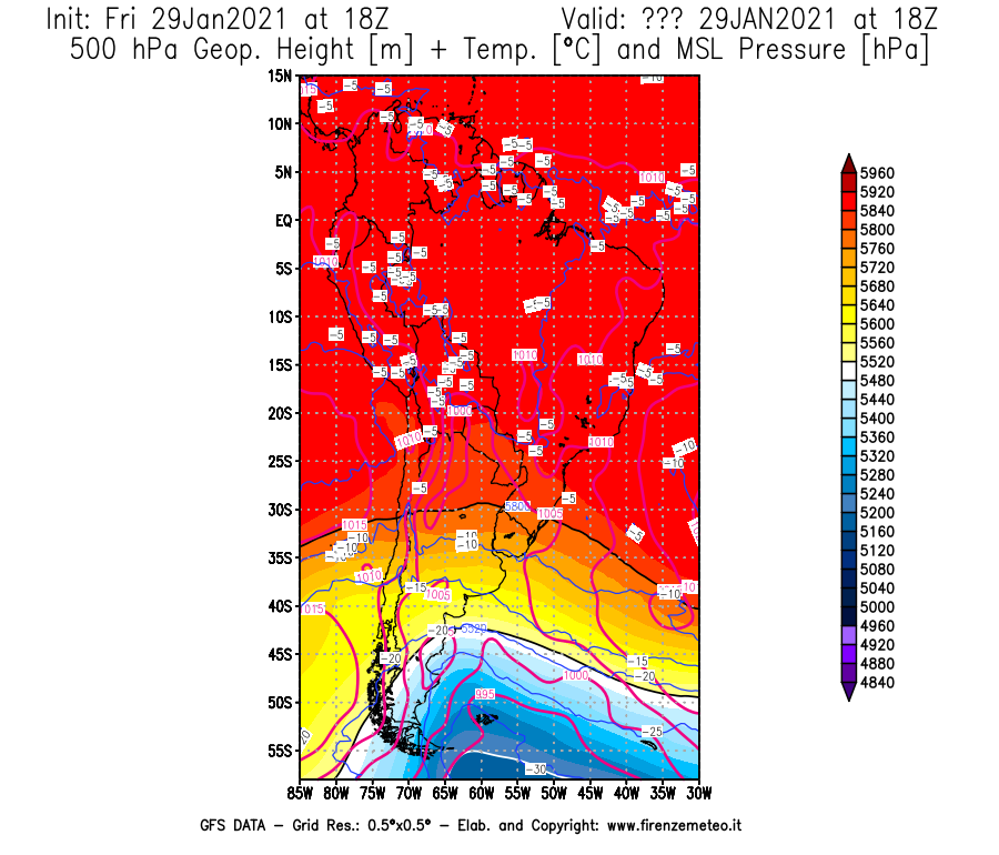 Mappa di analisi GFS - Geopotenziale [m] + Temp. [°C] a 500 hPa + Press. a livello del mare [hPa] in Sud-America
							del 29/01/2021 18 <!--googleoff: index-->UTC<!--googleon: index-->