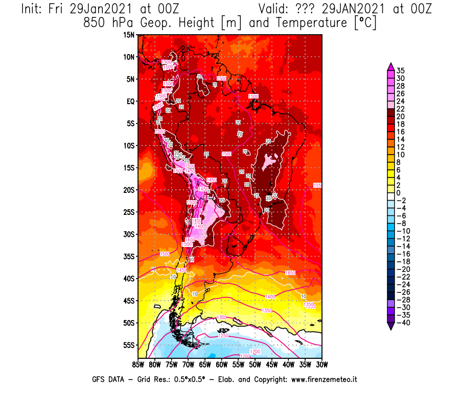 Mappa di analisi GFS - Geopotenziale [m] e Temperatura [°C] a 850 hPa in Sud-America
									del 29/01/2021 00 <!--googleoff: index-->UTC<!--googleon: index-->