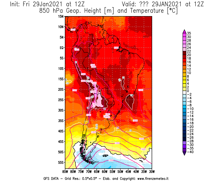 Mappa di analisi GFS - Geopotenziale [m] e Temperatura [°C] a 850 hPa in Sud-America
							del 29/01/2021 12 <!--googleoff: index-->UTC<!--googleon: index-->