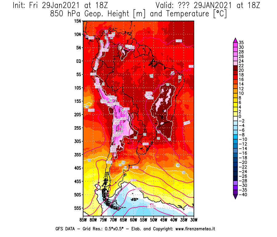 Mappa di analisi GFS - Geopotenziale [m] e Temperatura [°C] a 850 hPa in Sud-America
							del 29/01/2021 18 <!--googleoff: index-->UTC<!--googleon: index-->