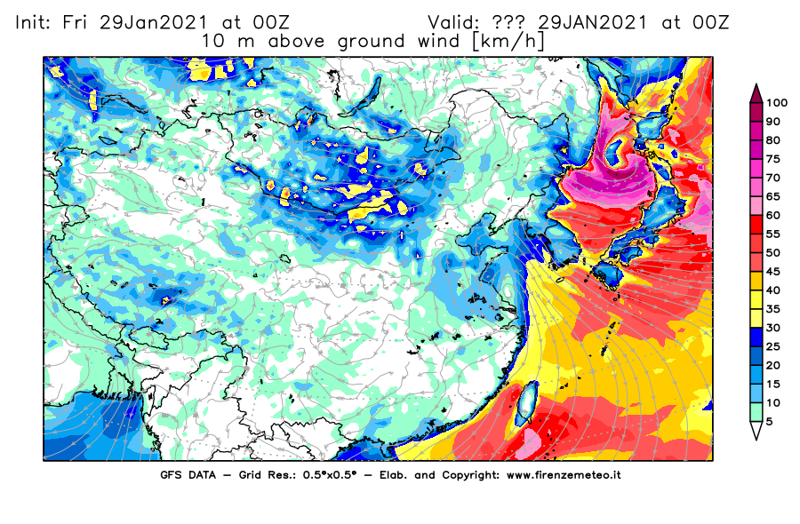 Mappa di analisi GFS - Velocità del vento a 10 metri dal suolo [km/h] in Asia Orientale
									del 29/01/2021 00 <!--googleoff: index-->UTC<!--googleon: index-->