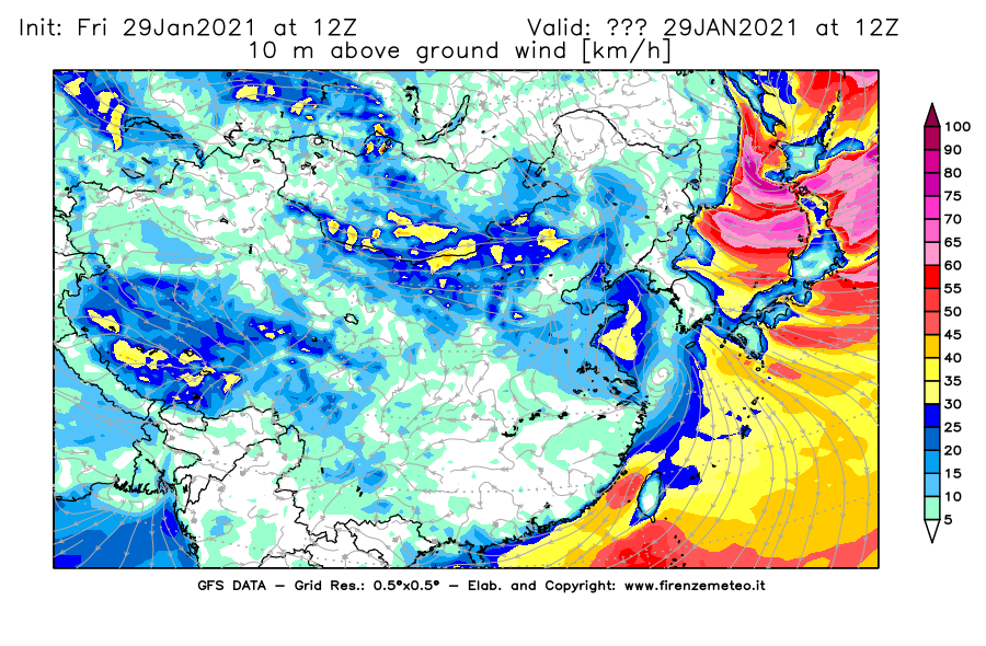 Mappa di analisi GFS - Velocità del vento a 10 metri dal suolo [km/h] in Asia Orientale
							del 29/01/2021 12 <!--googleoff: index-->UTC<!--googleon: index-->