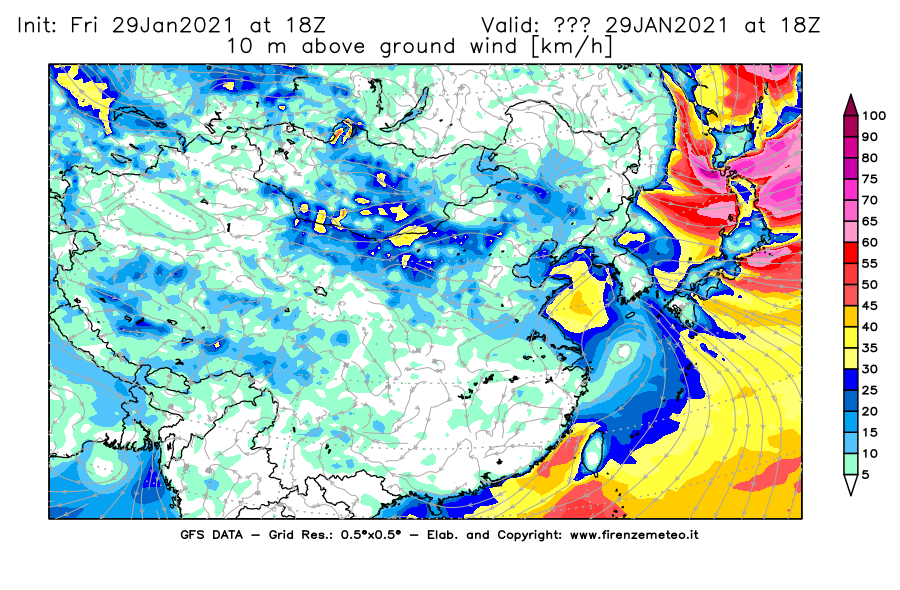Mappa di analisi GFS - Velocità del vento a 10 metri dal suolo [km/h] in Asia Orientale
							del 29/01/2021 18 <!--googleoff: index-->UTC<!--googleon: index-->