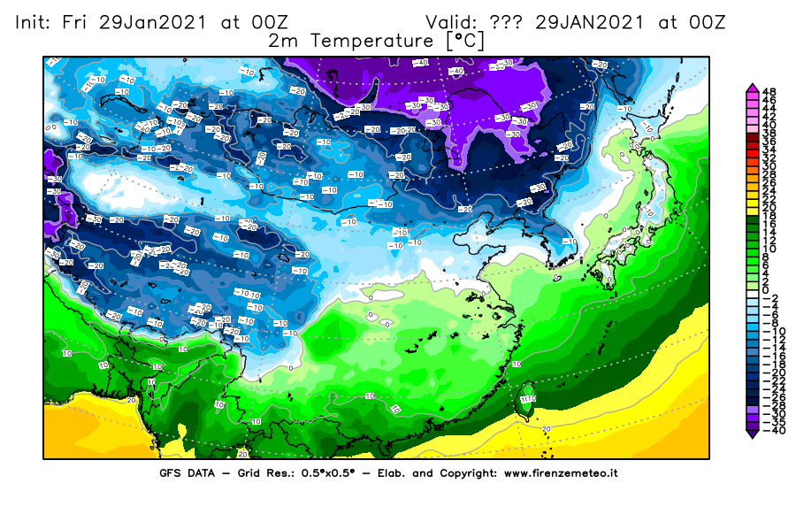 Mappa di analisi GFS - Temperatura a 2 metri dal suolo [°C] in Asia Orientale
									del 29/01/2021 00 <!--googleoff: index-->UTC<!--googleon: index-->
