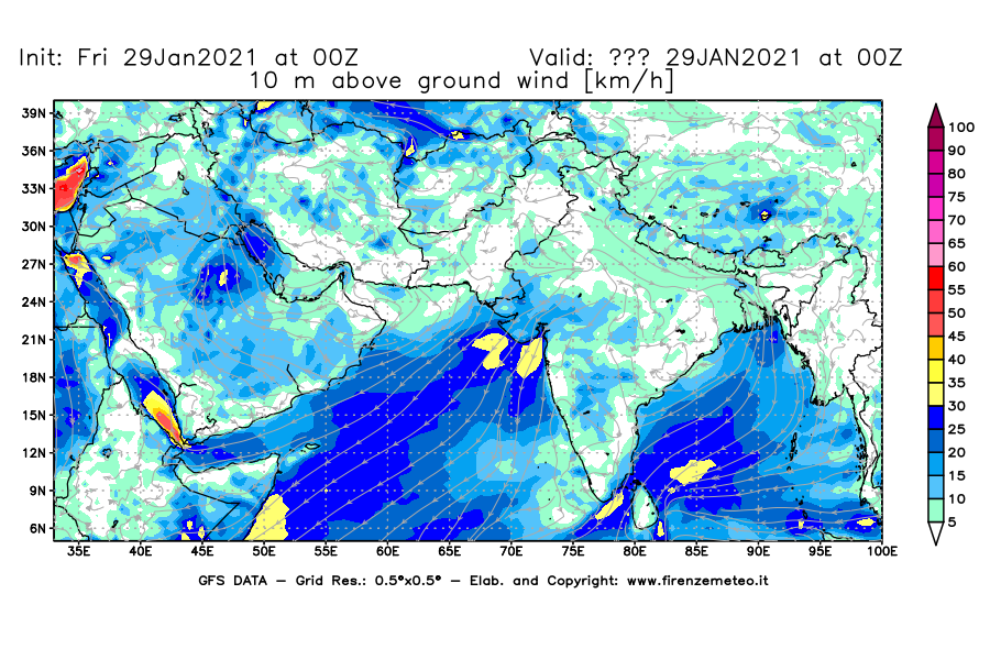 Mappa di analisi GFS - Velocità del vento a 10 metri dal suolo [km/h] in Asia Sud-Occidentale
									del 29/01/2021 00 <!--googleoff: index-->UTC<!--googleon: index-->