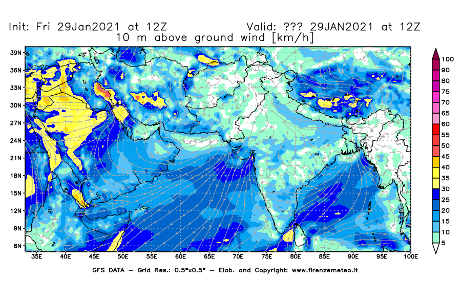 Mappa di analisi GFS - Velocità del vento a 10 metri dal suolo [km/h] in Asia Sud-Occidentale
									del 29/01/2021 12 <!--googleoff: index-->UTC<!--googleon: index-->